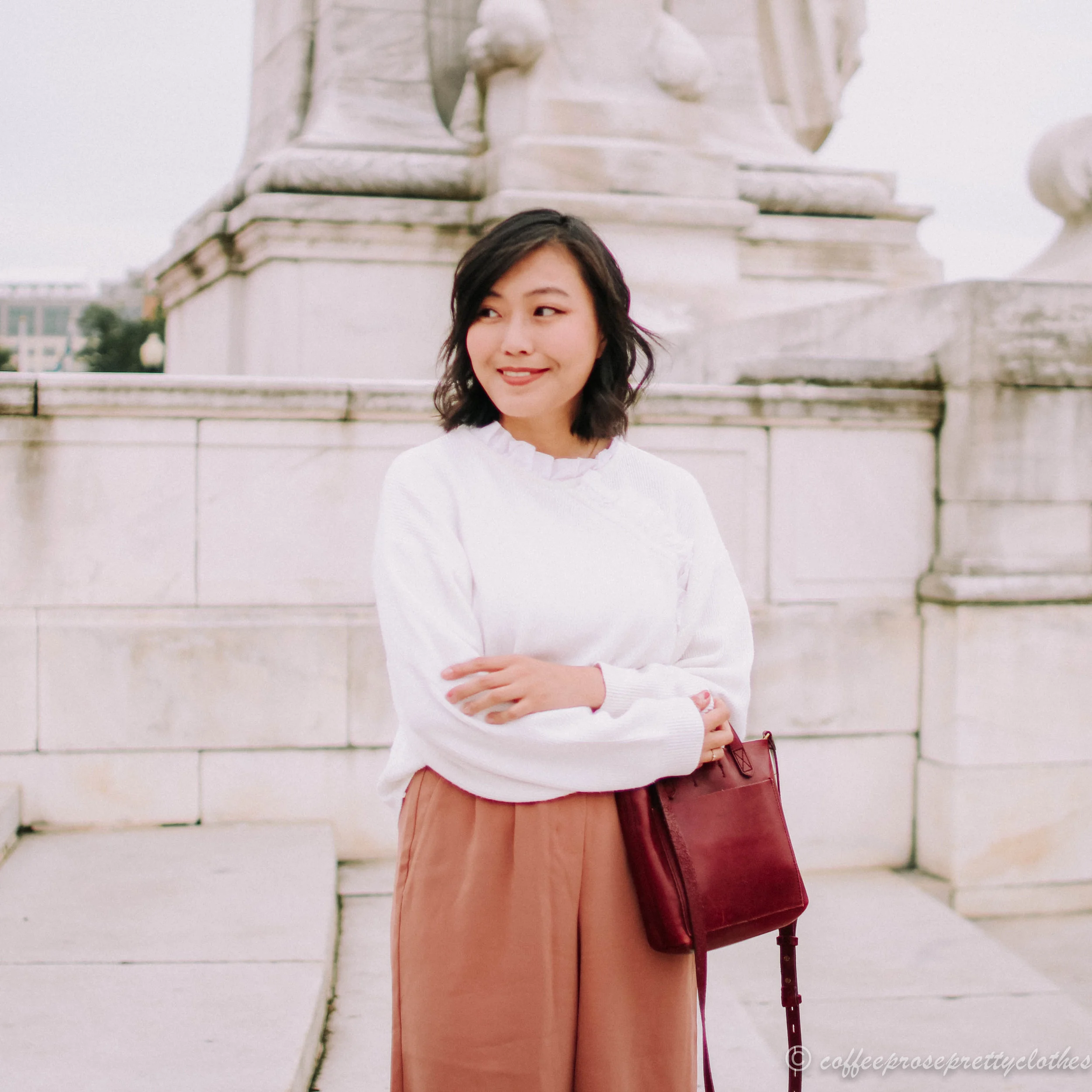 Aritzia Babaton Lazarus culottes, ASOS ruffle Sweater, Michael Kors heels, Madewell Small Transport crossbody