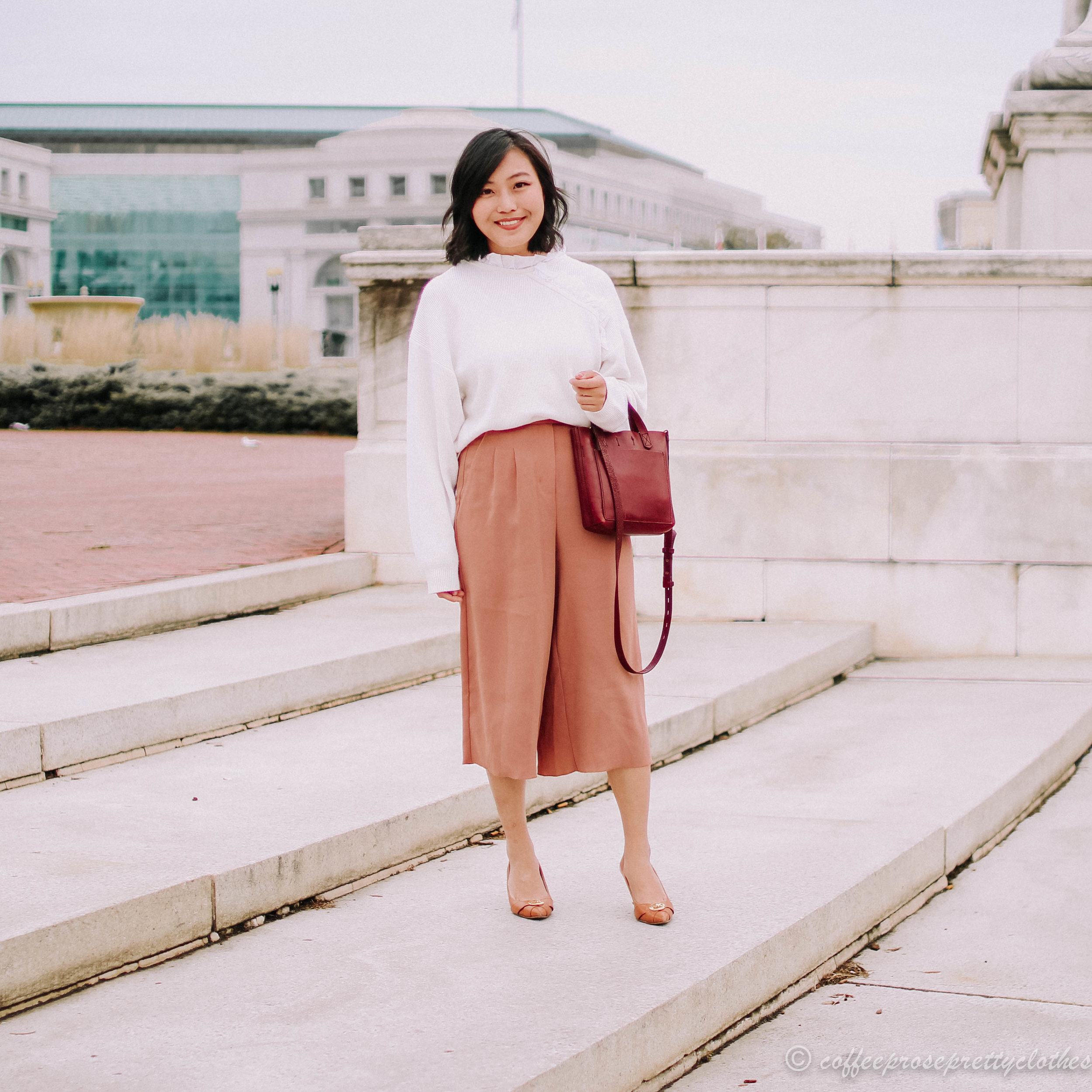 Aritzia Babaton Lazarus culottes, ASOS ruffle Sweater, Michael Kors heels, Madewell Small Transport crossbody