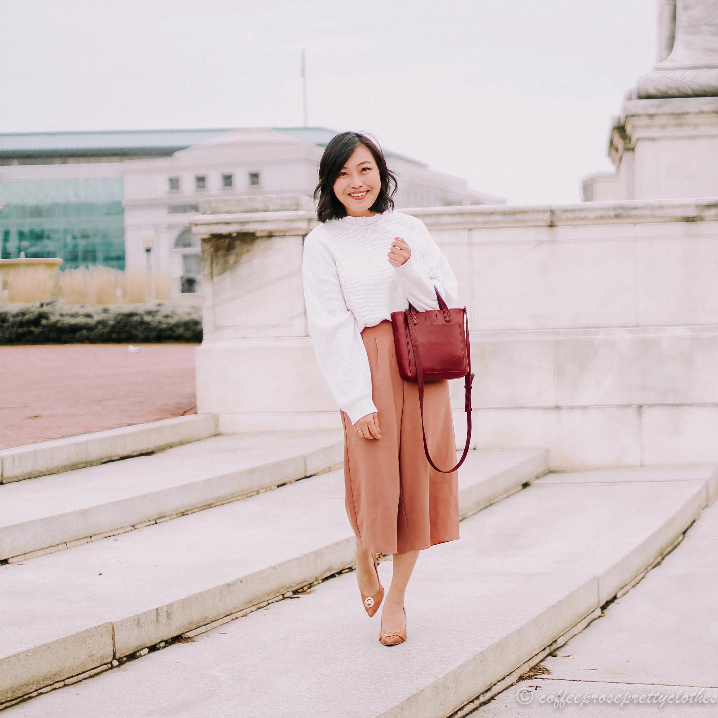Aritzia Babaton Lazarus culottes, ASOS ruffle Sweater, Michael Kors heels, Madewell Small Transport crossbody
