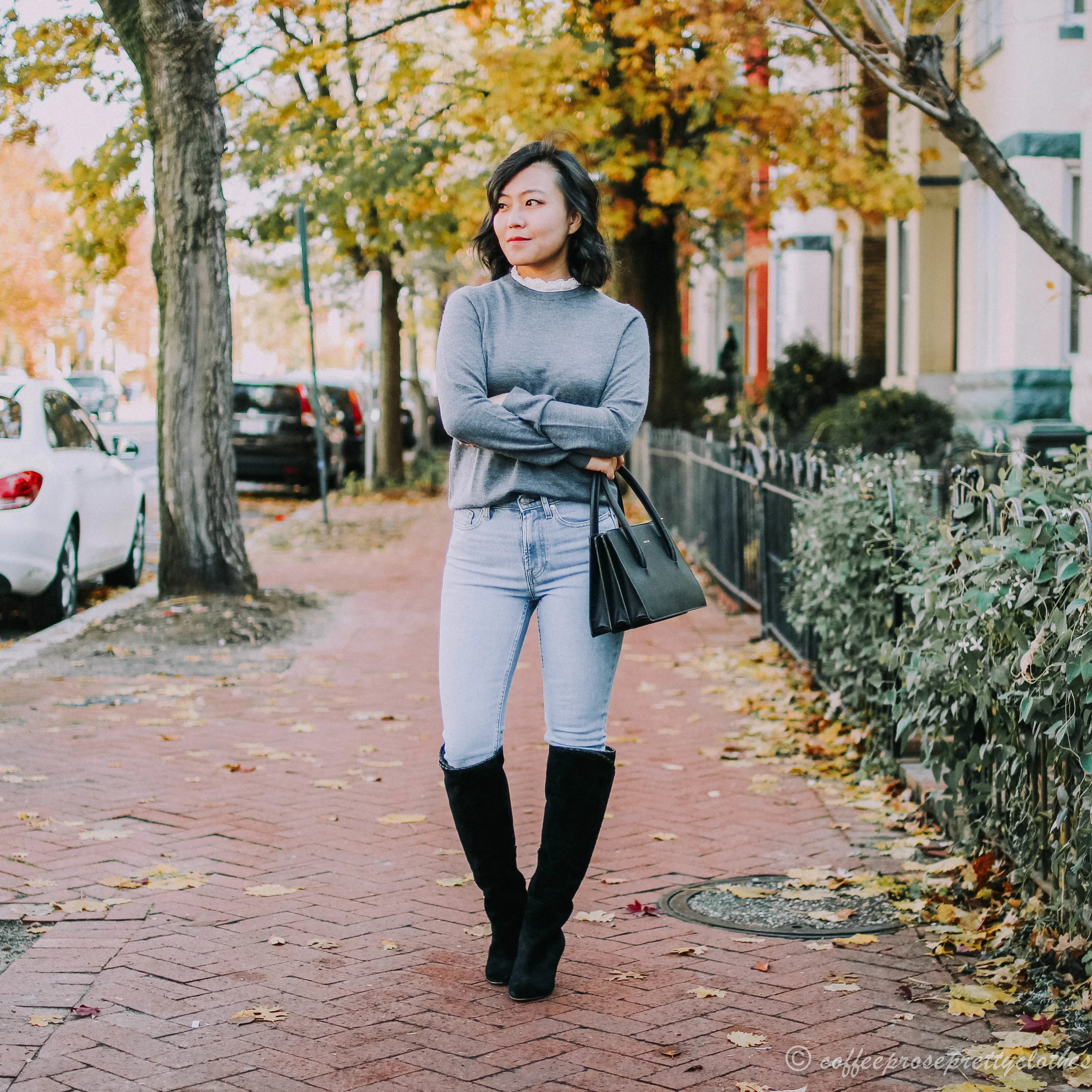 Sézane Eduardo Jumper, Sézane High Gabriella boots, and Everlane Jeans