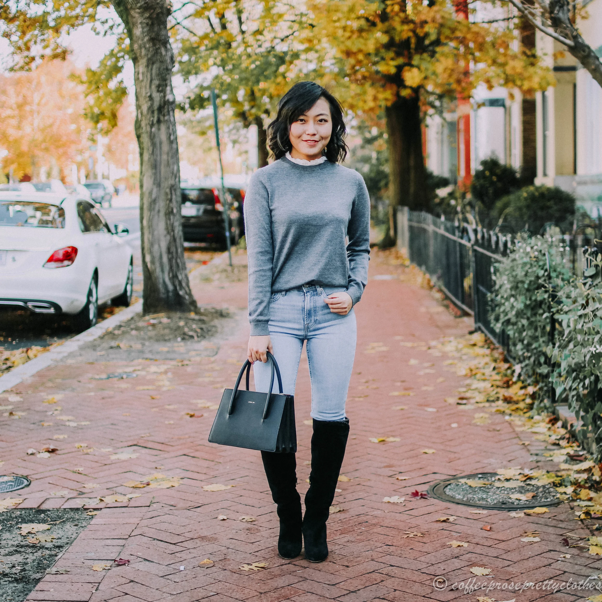 Sézane Eduardo Jumper, Sézane High Gabriella boots, and Everlane Jeans