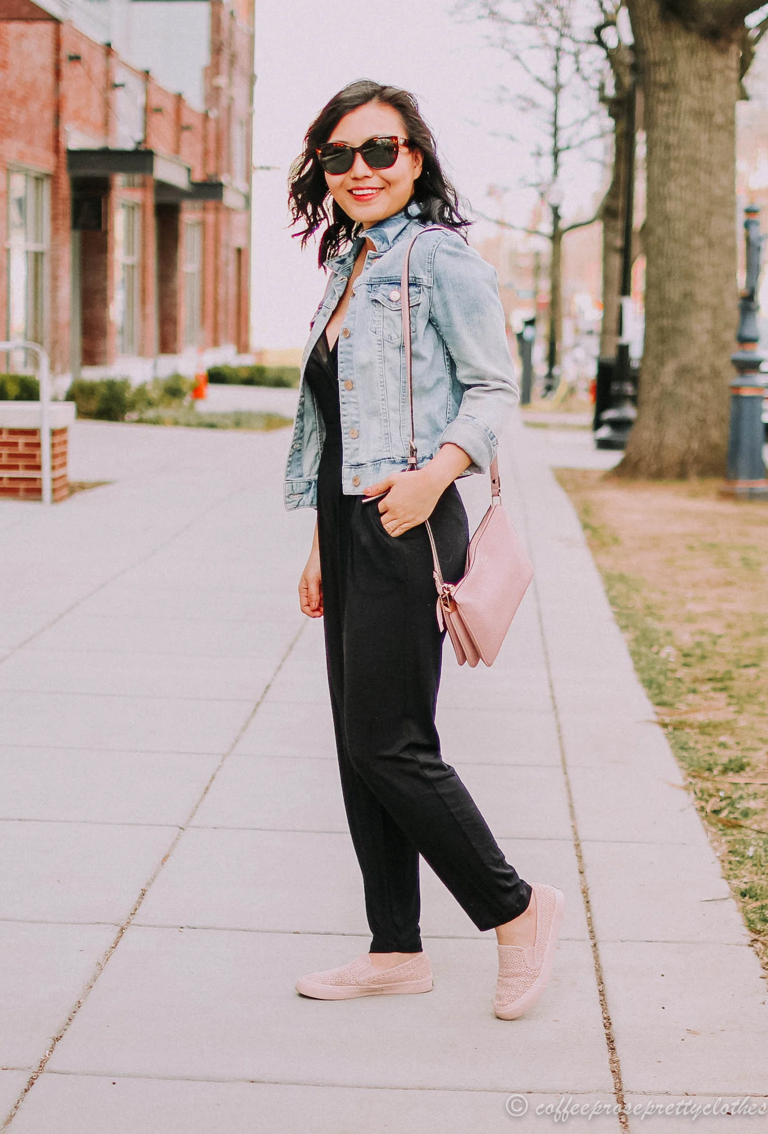 Black Jumpsuit and Denim Jacket