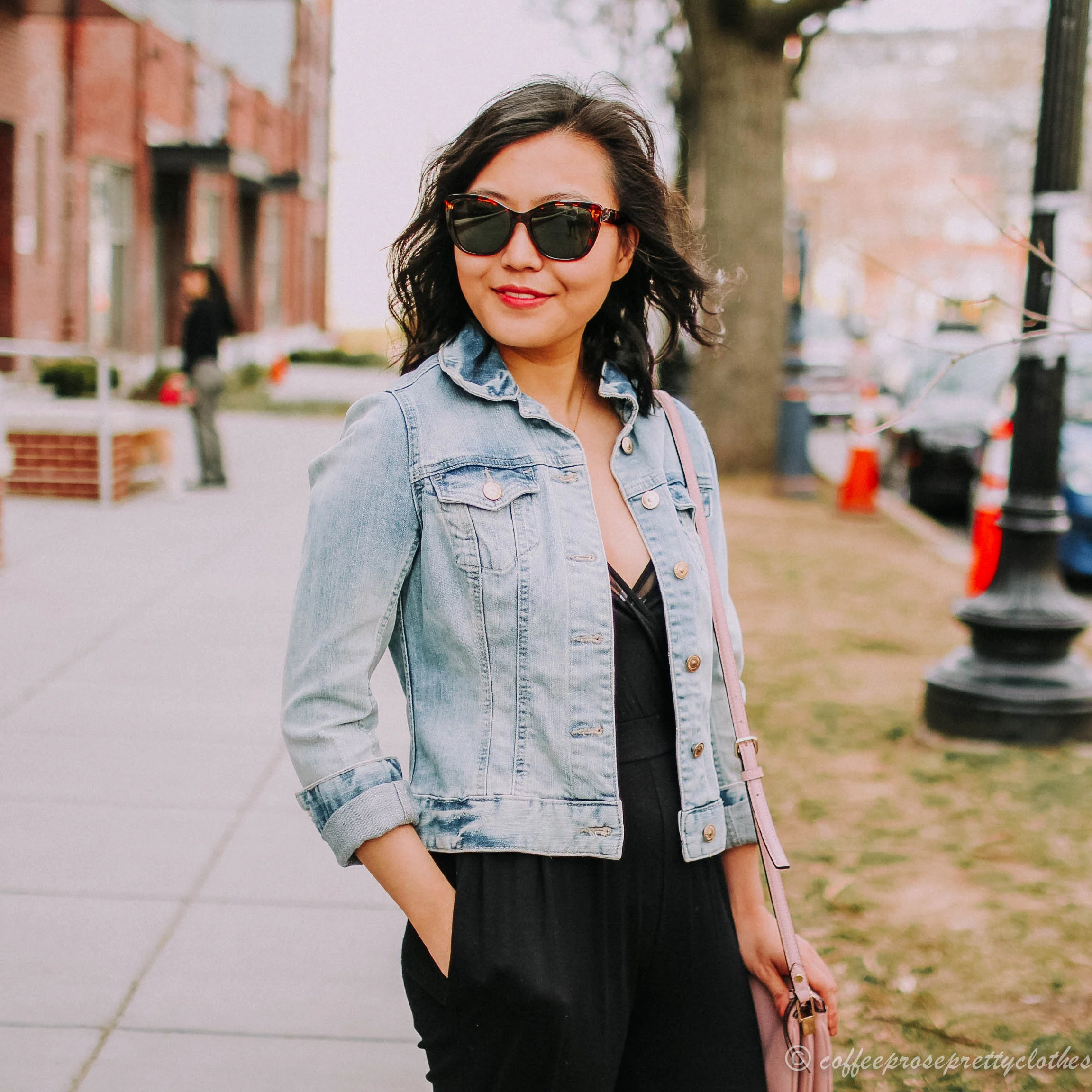 Black Jumpsuit and Denim Jacket