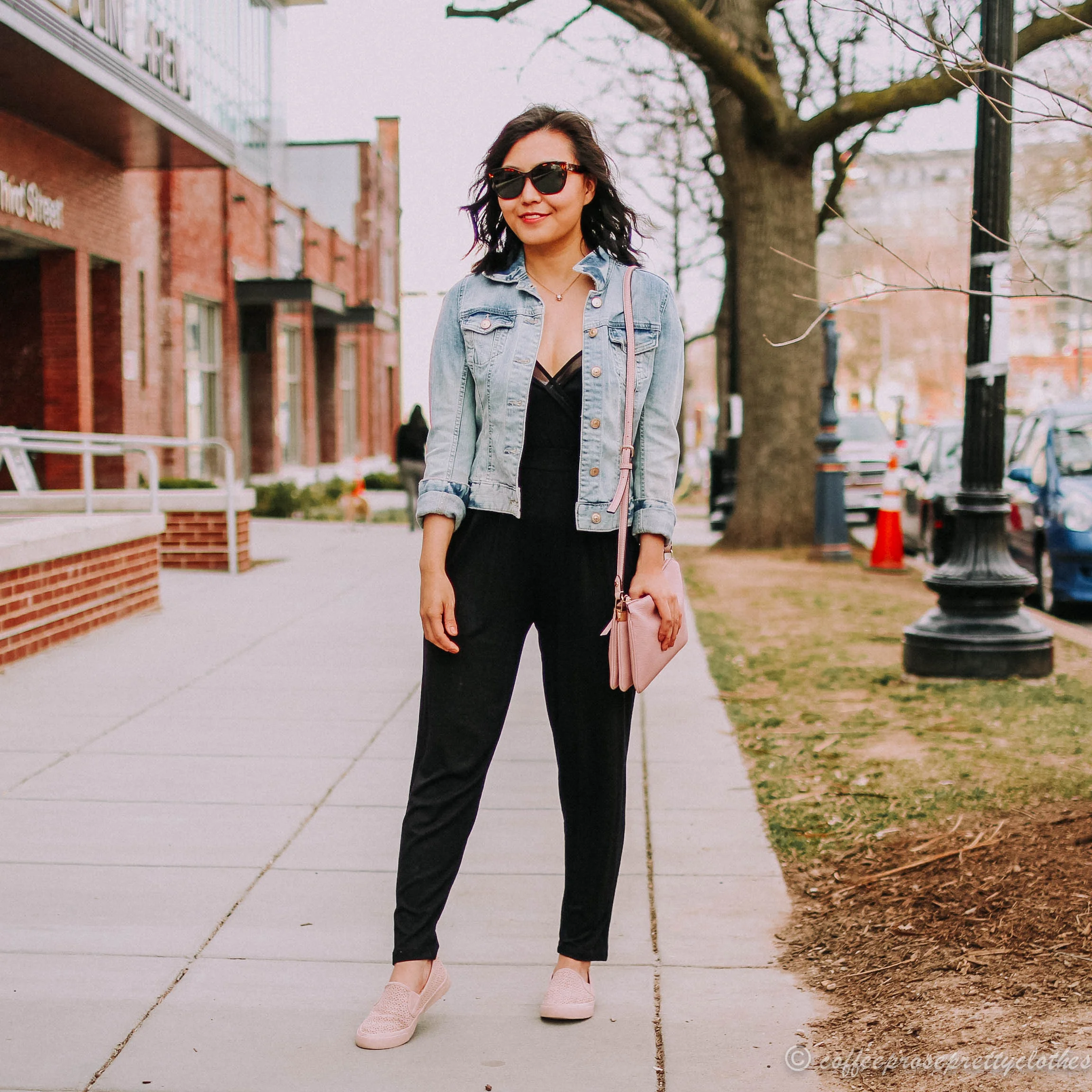 Black Jumpsuit and Denim Jacket