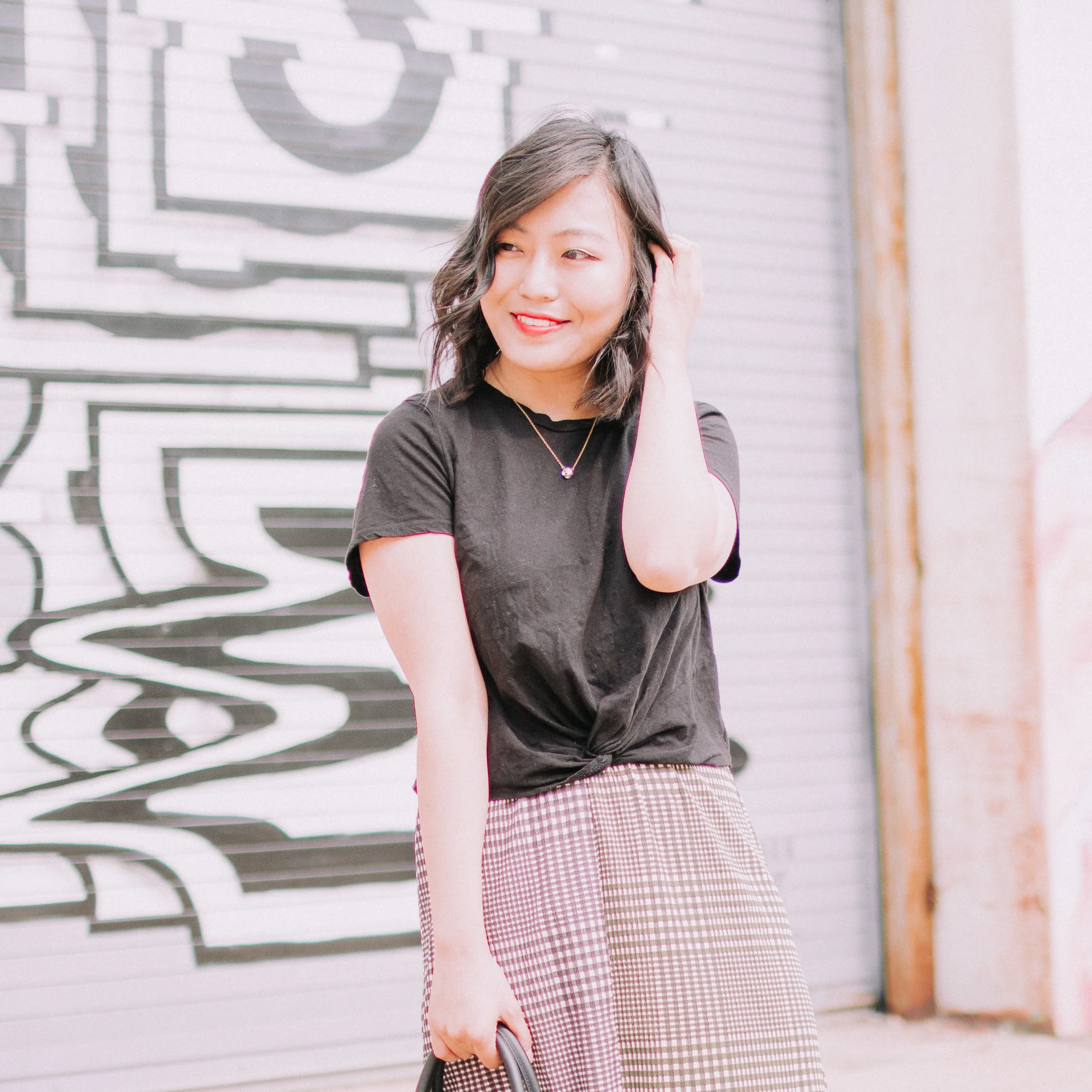 Cropped Tee and Checked Midi Skirt