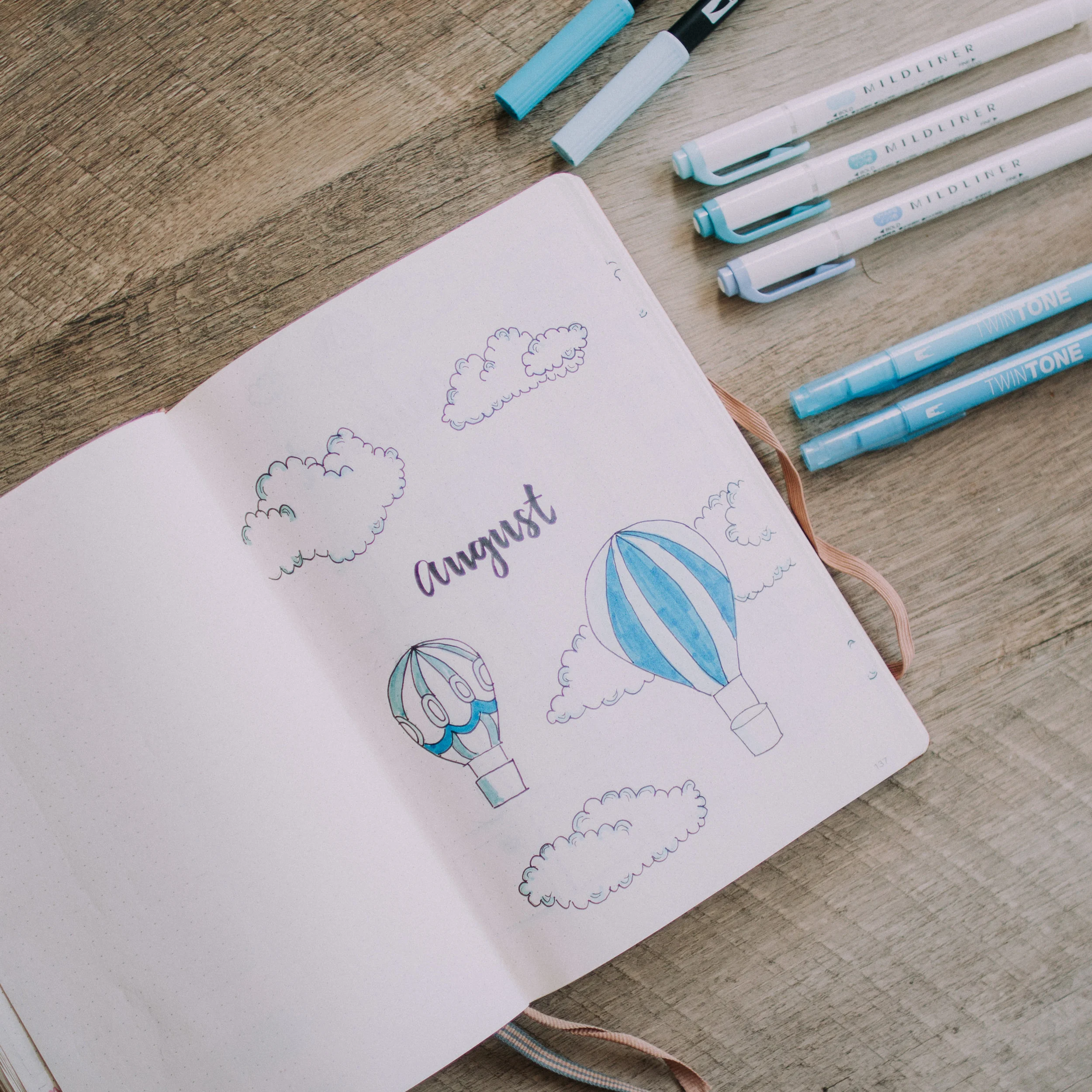 August Bullet Journal cloud hot air balloon theme