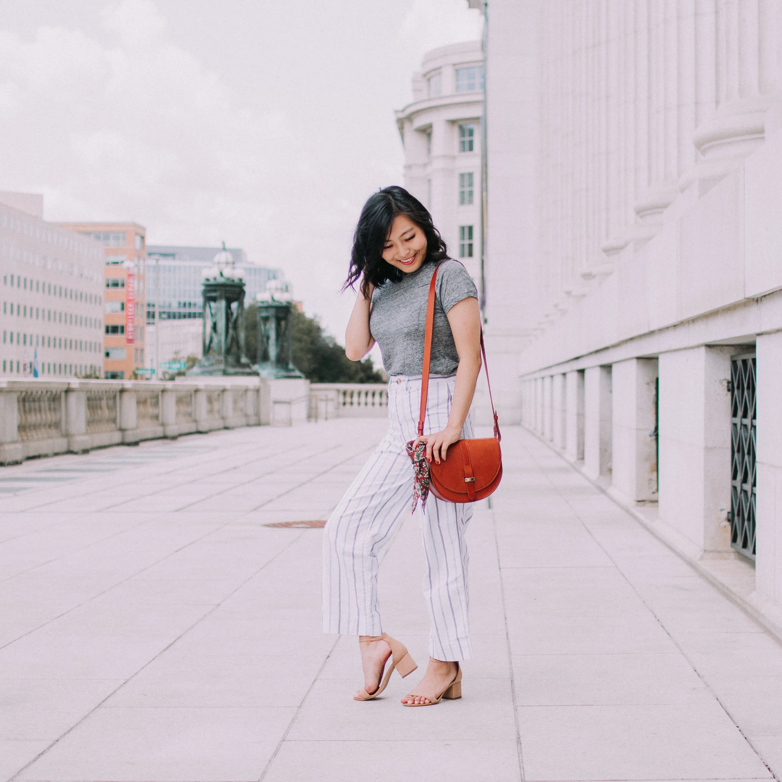 Striped Wide Leg Pants and Gray Tee