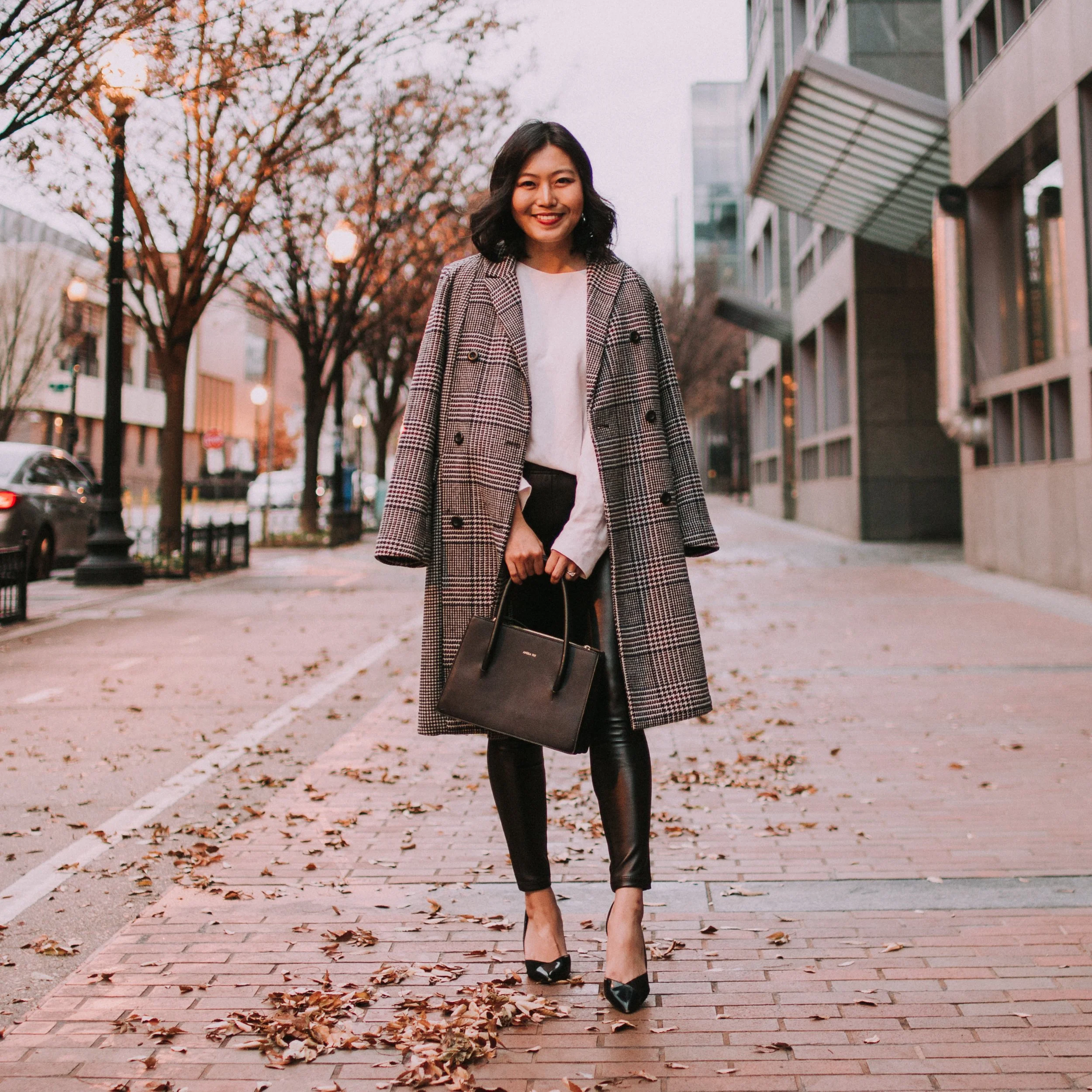Texture | Faux Leather Pants and Plaid Coat