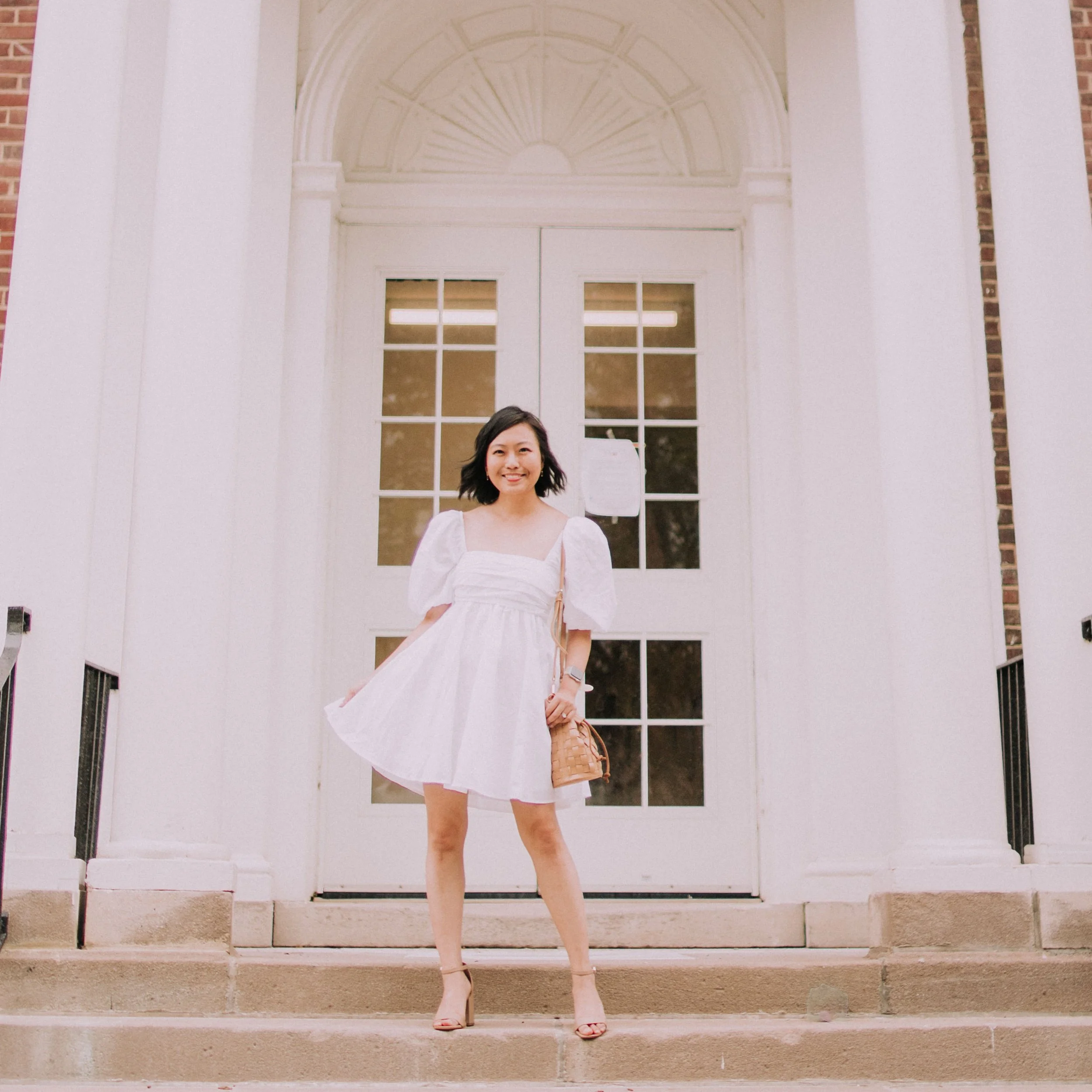 Little White Dress | Ruched Bodice Mini Dress and Woven Bag