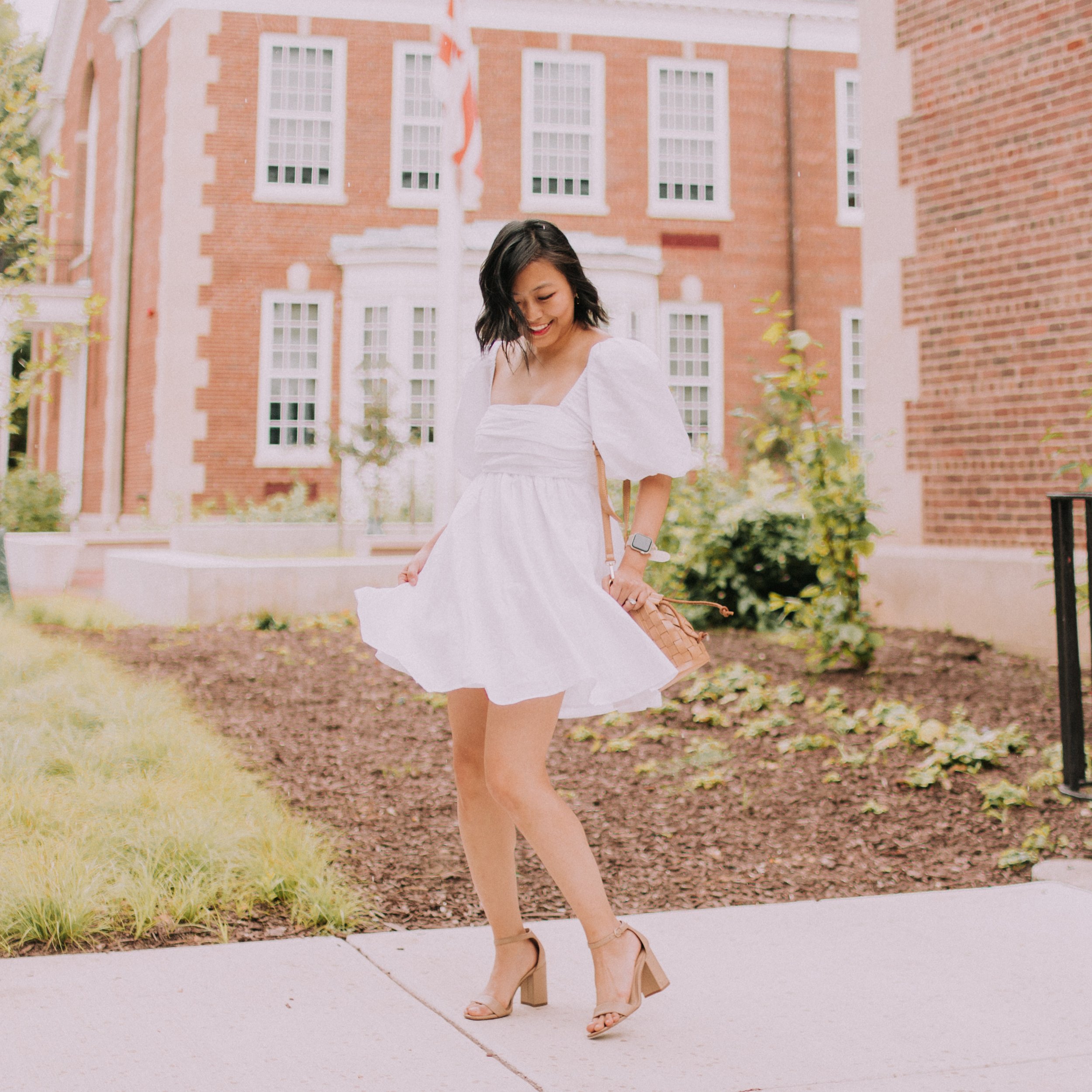Little White Dress | Ruched Bodice Mini Dress and Woven Bag — Coffee, Prose, Clothes