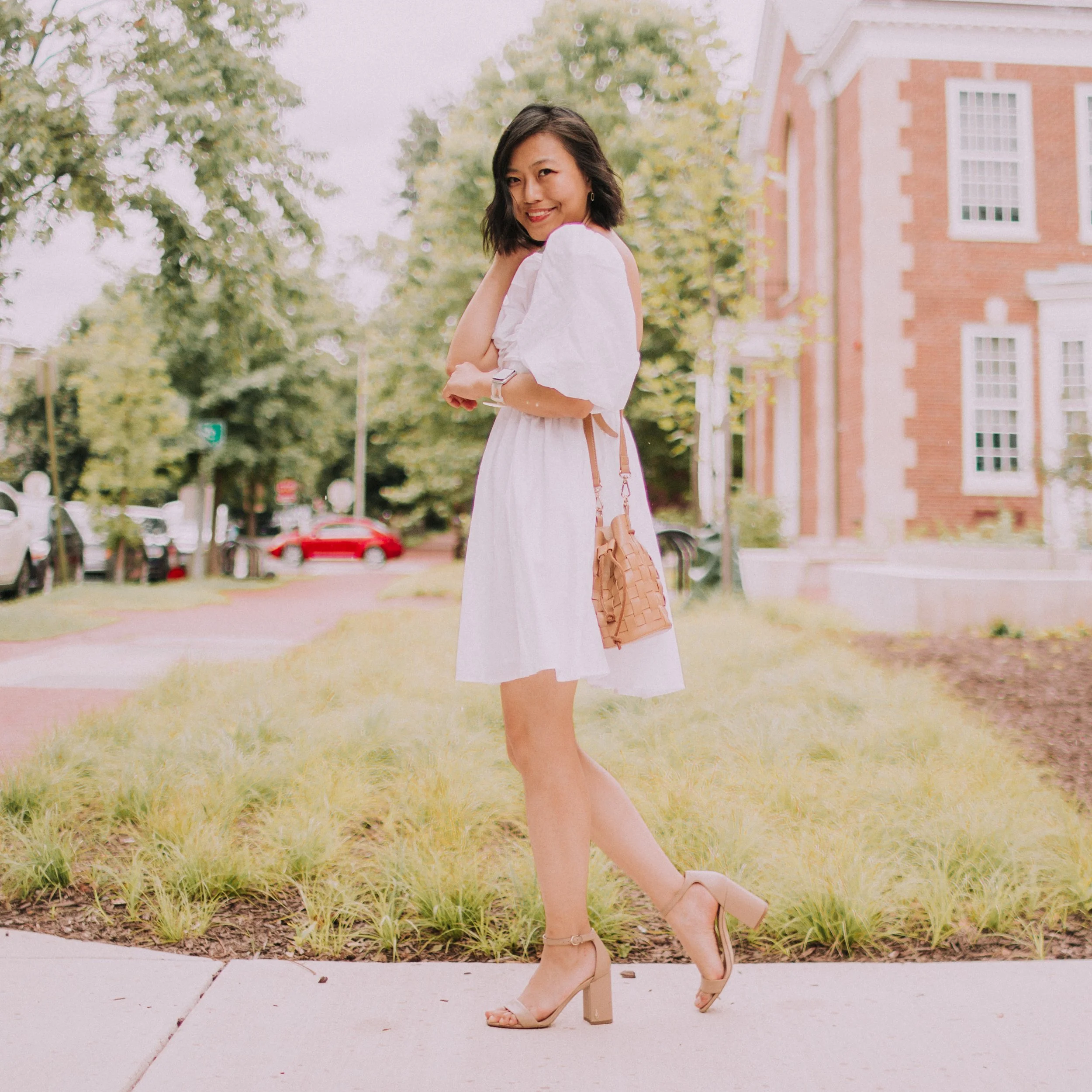 Abercrombie Ruched Bodice Mini Dress, Melie Bianco Woven Bag