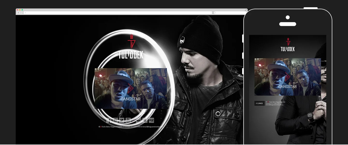 Desktop and mobile screenshots of the responsive site featuring Tulio Dek’s newly launched music video. Yes, that’s Ronaldo "The Phenomenon" next to him!