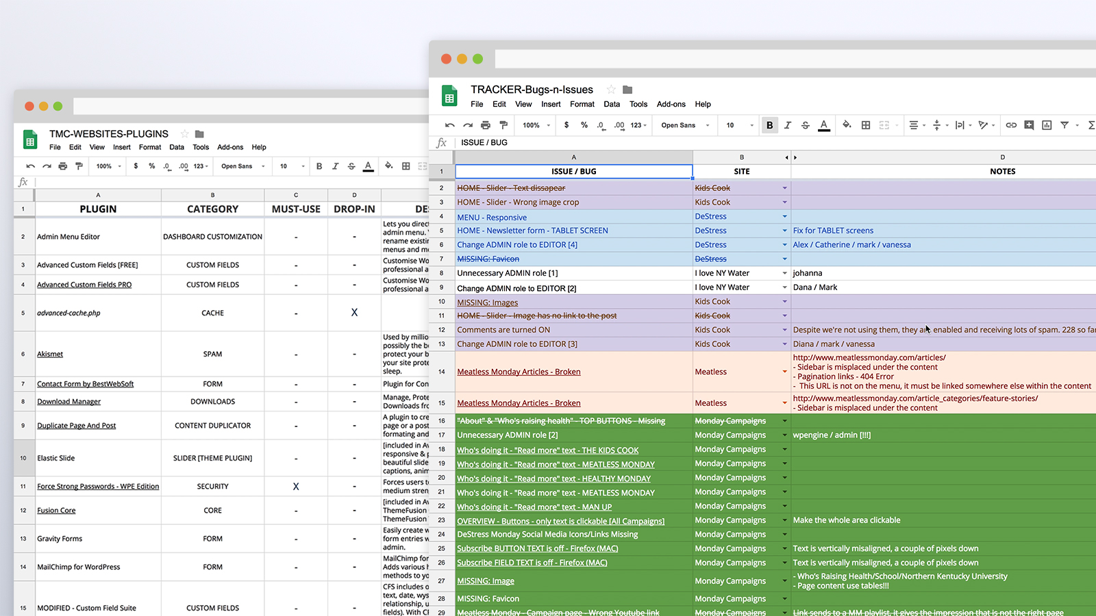 Inventory of all website plugins and tracking system for bugs and usability issues that I created and implemented.