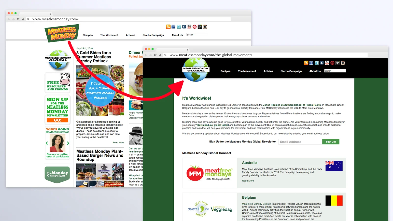 TMC has design pattern inconsistencies across all its digital properties and print material. In this case, a Meatless Monday content page looks completely different from the rest of site with different headers and logos.