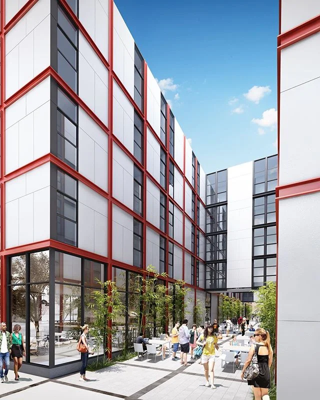 A courtyard view of the newly proposed California College of the Arts.