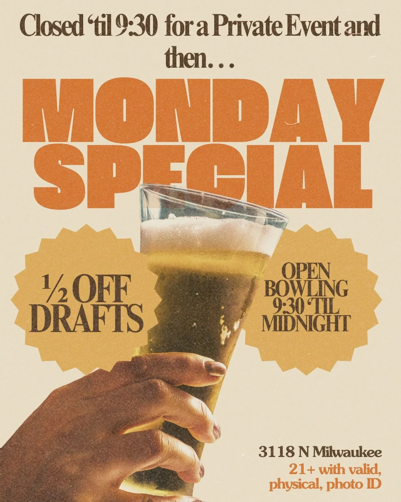 &bull; CLOSED &lsquo;TIL 9:30 FOR A PRIVATE EVENT &bull;

OPEN BOWLING 9:30 &lsquo;til Midnight 🎳
Catch us in The Bar for 1/2 Off Drafts 🍻

#privateevent #bowling #beer #bowlingbar #chicago