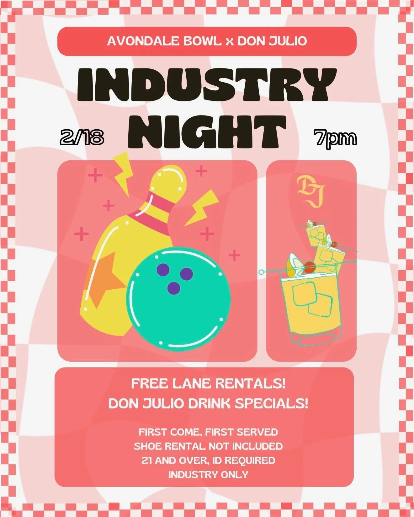 Industry friends, come hang TOMORROW 2/18, 7pm! We will have some lanes available &amp; the Don Julio will be flowing. First come, first served. See ya then! 

#industrynight #bar #bowling