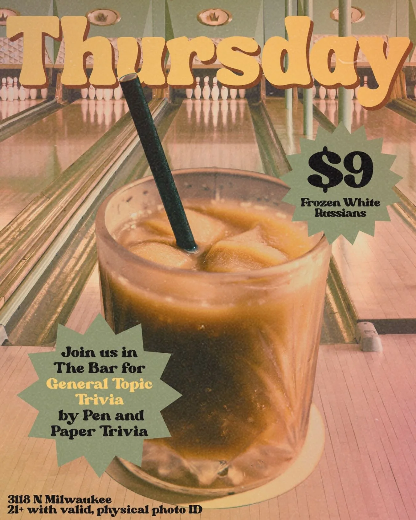 📝 We got @pandptrivia in the bar tonight starting at 7:30

🍹We got $9 Frozen White Russians all night long. $2 of every one sold will go to @alzassociation 

🎳 OPEN BOWLING 5pm &lsquo;til Midnight 

See you soon 😘

#trivia #bartrivia #bowling #th