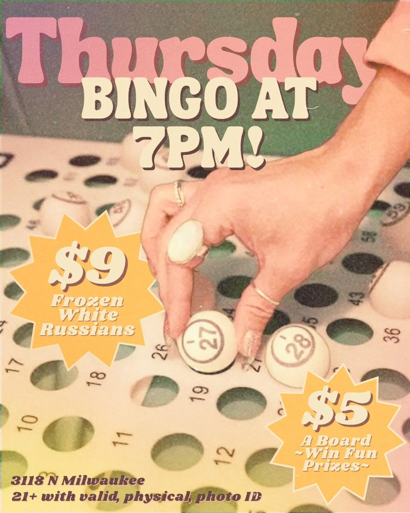 THIRSTY THURSDAY BAYBEEEE!! 

We will have Bingo in The Bar starting at 7!

$5 per board. Proceeds benefit C.U.S.P. &amp; The Parlor by Trash People. 

🍹 $9 Frozen White Russians. $2 of each benefit the above^

🎳 OPEN BOWLING 5 &lsquo;til Midnight 