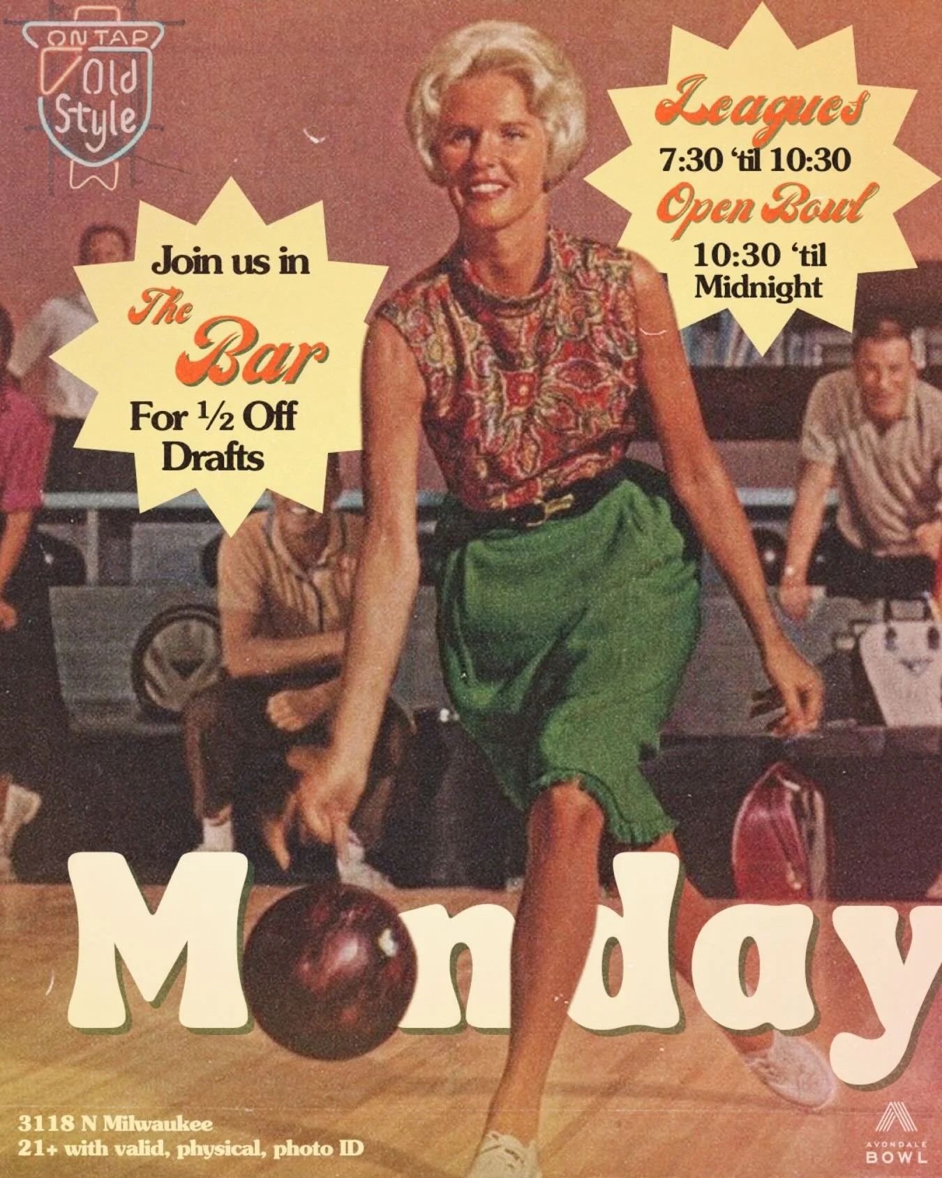 🍻 MONDAY SPECIAL 🍻
Roll out and join us in The Bar for 1/2 Off Drafts all night long!

🎳 A CASE OF THE MONDAYS LEAGUE 🎳
7:30 pm &lsquo;til 10:30 pm

🎳 OPEN BOWLING 🎳
5 pm &lsquo;til 7:15 &amp; 10:30 &lsquo;til Midnight 

See you in a bit 😘

#b