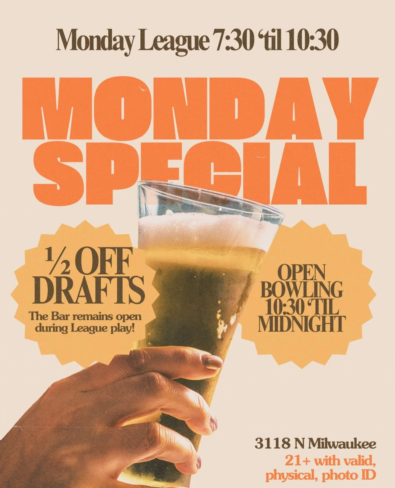 It&rsquo;s Monday and we have 1/2 Off Ice Cold Drafts in The Bar! 🍻

Monday League will be on the lanes 7:30 &lsquo;til 10:30 🎳

🎳 OPEN BOWLING 10:30 &lsquo;til Midnight! 

We&rsquo;re open and can&rsquo;t wait to see you! 😘