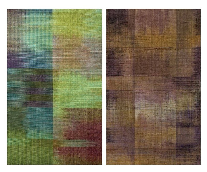 Two double ikats, two different moods, two seasons... endless possibilities! #ikat #contemporarytextiles #textiles Dialogues with the Beast is up through August 3 @chiaroscuro_gallery in Santa Fe, New Mexico.