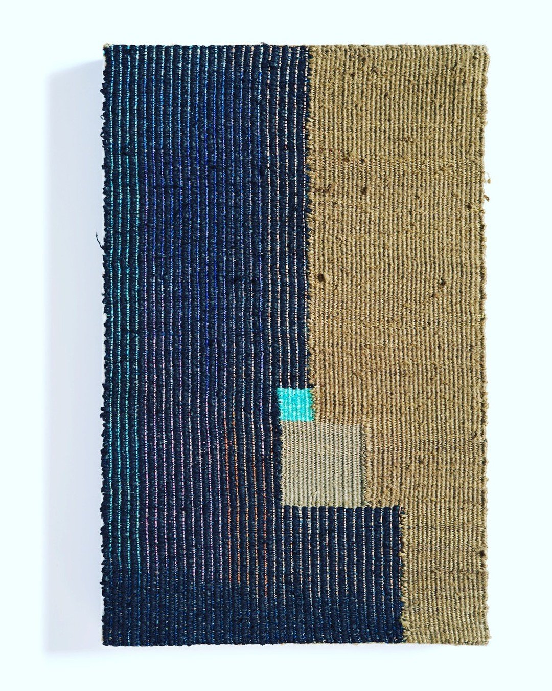 Threadbare, a small gem (15&quot;x9.5&quot;) in my show holds so many ideas....new fibers (the black is spun rubber!) and slubby silk, and how best to reveal pigment on the warp. And that turquoise excites me. @chiaroscuro_gallery @browngrottaarts @g