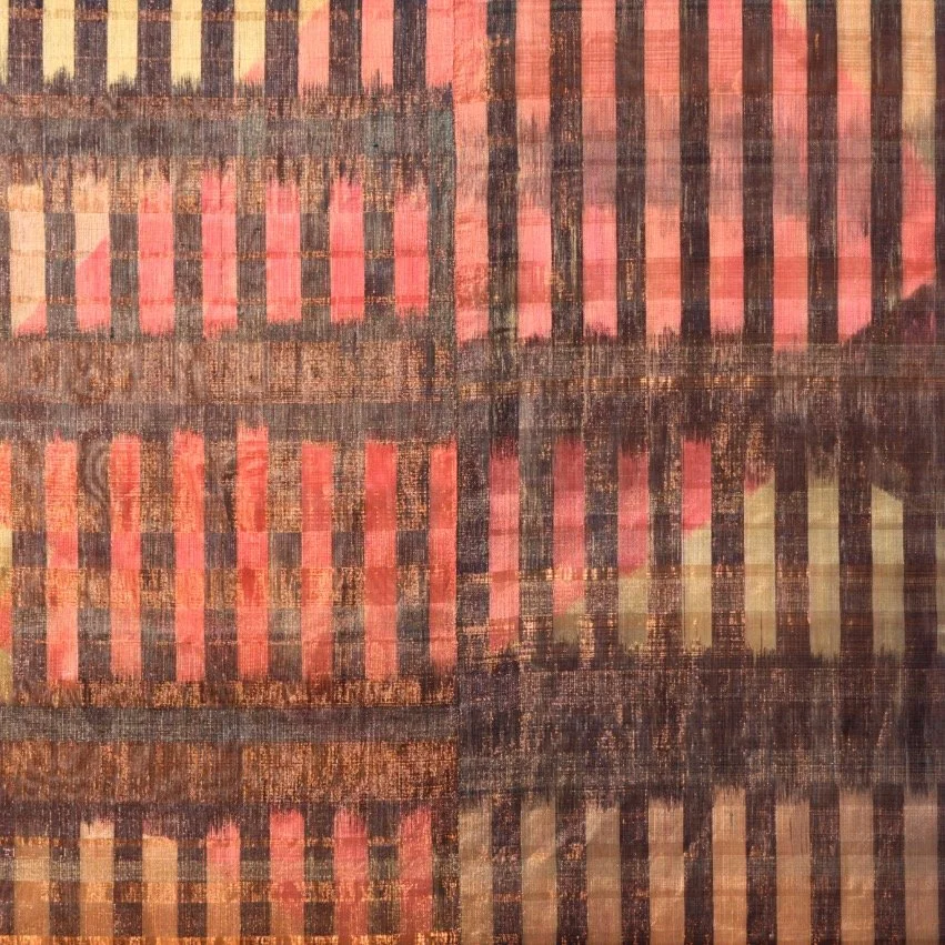 Plumb Lines, Silk warp, ikat with indigo and soymilk with copper wire. Now @chiaroscuro_gallery Opening tonight! #handwoven #contemporary #&iacute;ndigo #contemplative