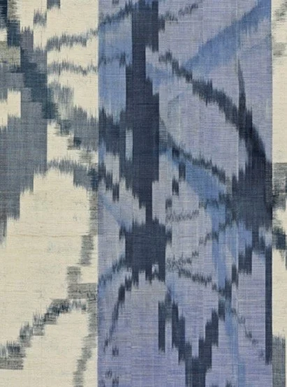 Synapse. Silk, pictorial double ikat, with indigo, soy and pigment. @browngrottaarts MATERIALS MATTER: INDIGO AT TRANSFORMATIONS THIS MAY (9-17). #handwoven #contemporaryikat #indigo #exploringmaterials #pigments #mindlandscape #processinaction