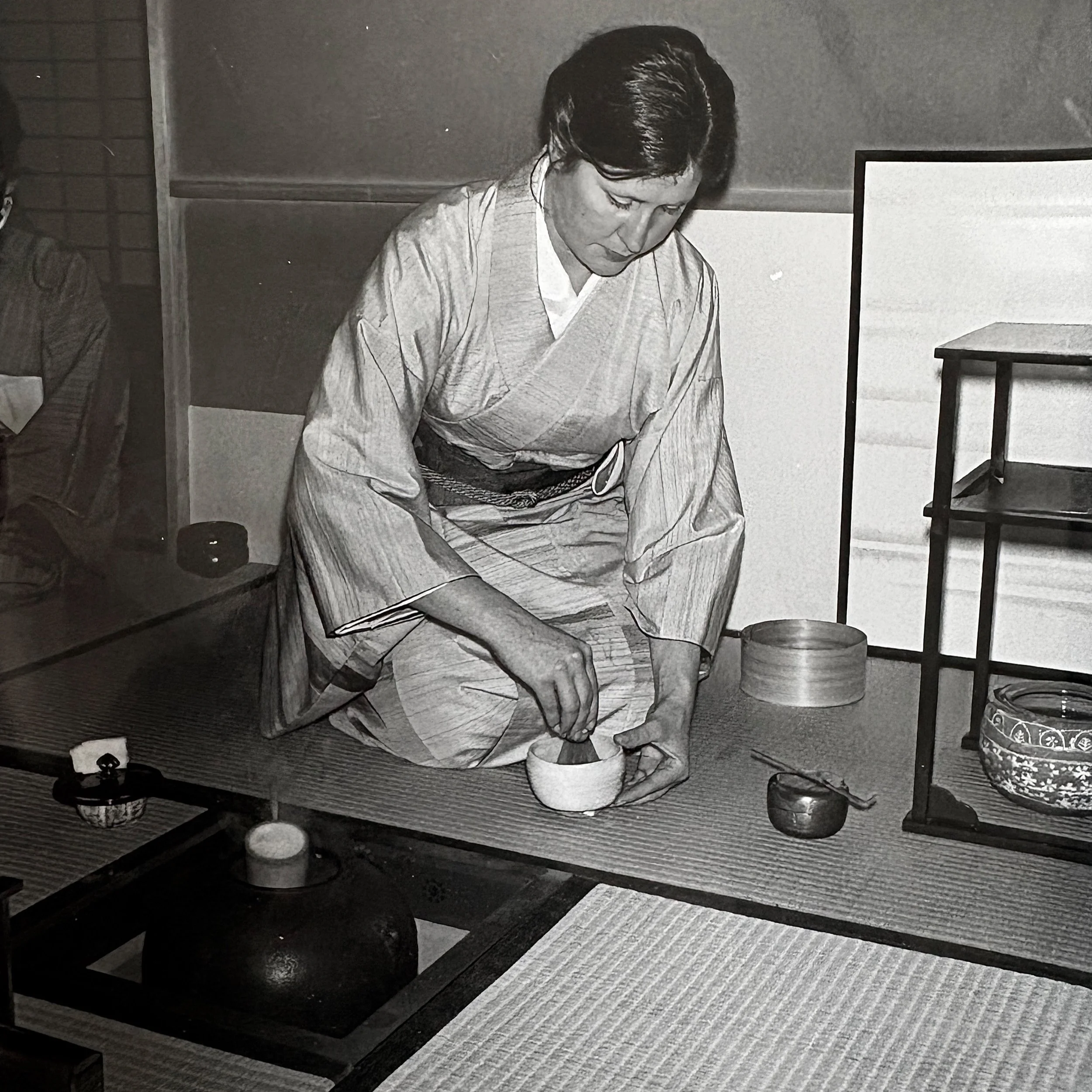 Yesterday I came across a photo - 44 years ago! I was studying tea ceremony on the weekends while learning to weave. Both traditional Japanese arts practiced at the Oomoto Foundation in Kameoka, Japan. I am wearing the silk kimono I dyed and wove in 