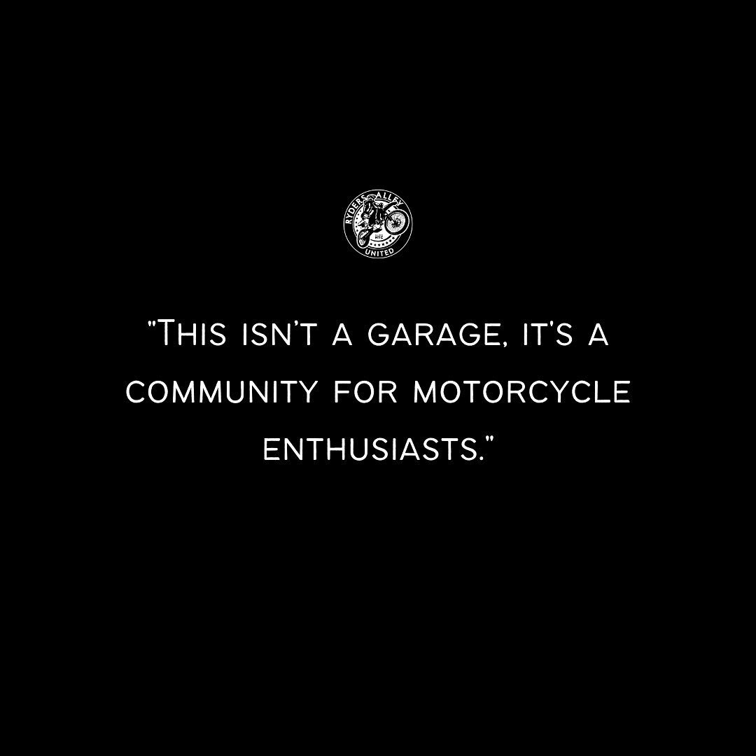 It's a haven for gear-heads, with indoor access to a safe, clean workspace, lounge with couches; it's a space to get that motor smell and escape the apartment. #RydersAlley