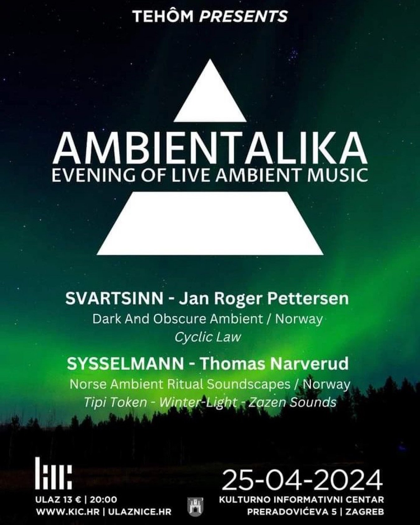 @ambientalika_events In the second episode of the AMBIENTALIKA series - an evening of experimental ambient music VOL.2, organized by the TeHÔM project and the Zagreb Cultural Information Center, we bring 2 Norwegian vikings on April 25 at 8 p.m. 

S