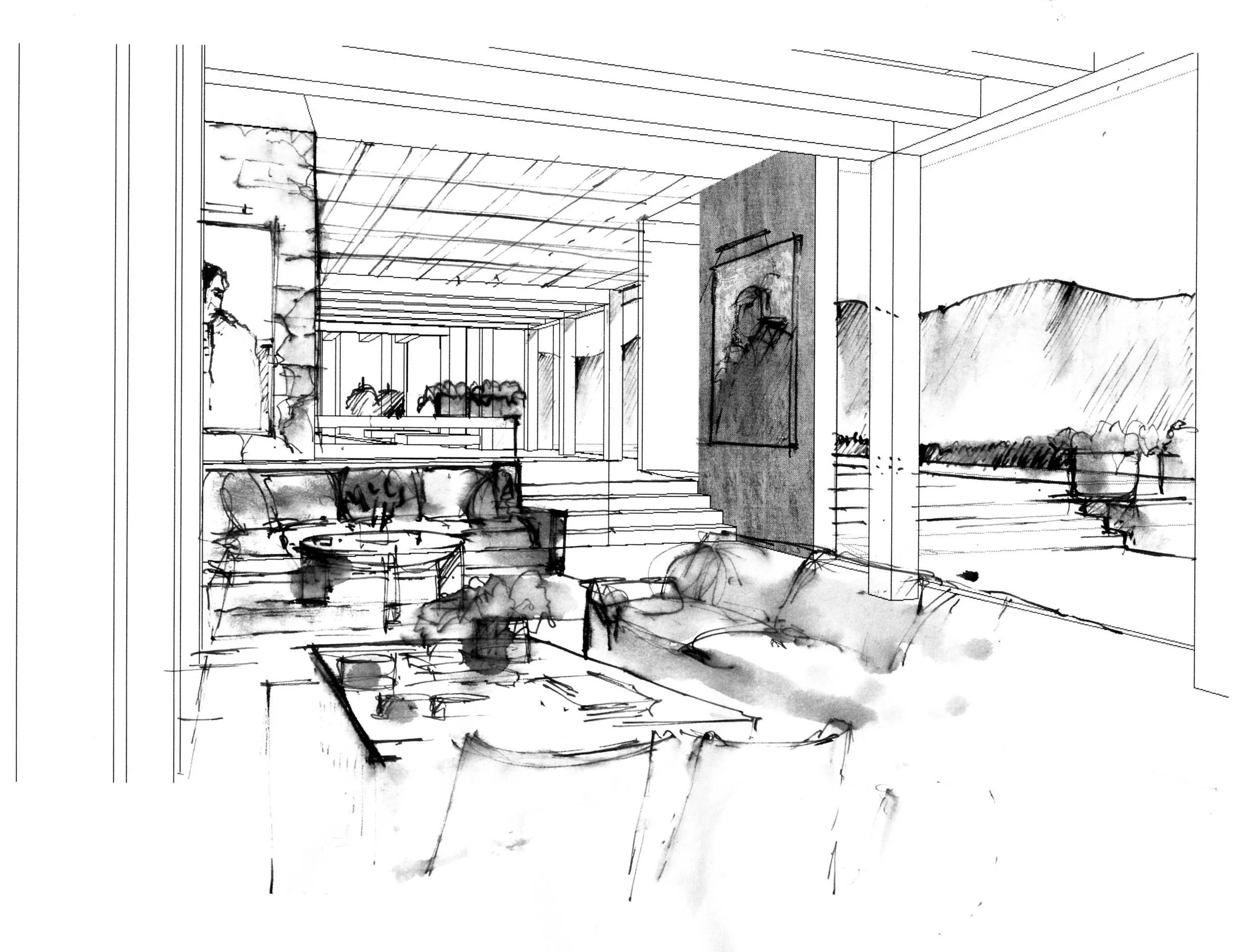 Luxury Living Room Perspective Sketch