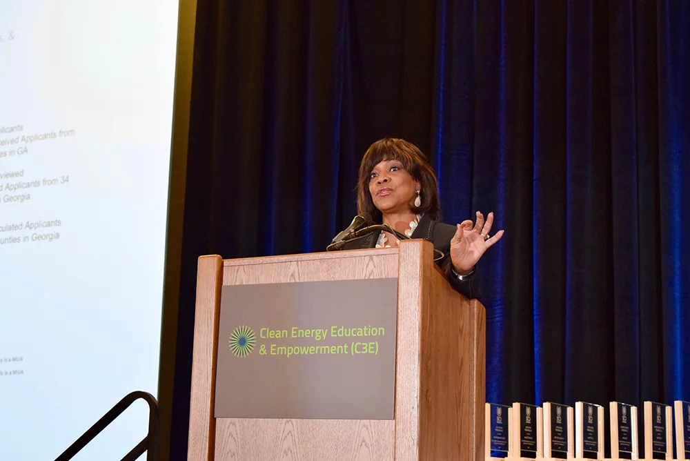 Valerie Montgomery Rice, president and dean of Morehouse School of Medicine, delivers a keynote addressing the need to develop a more diverse workforce. Credit: Maxine Lym