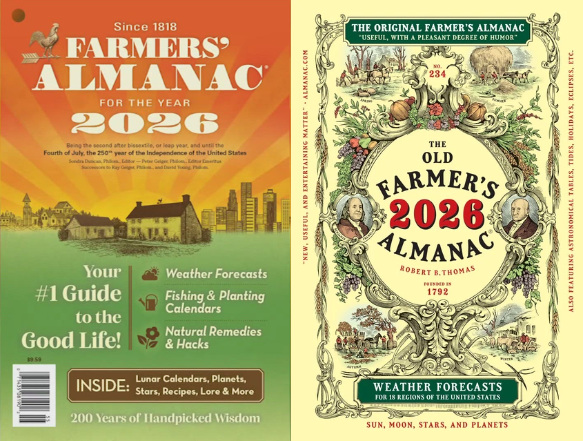 Two book covers side by side. On the Left, the Farmer's Almanac 2026. On the right, a cover of The Old Farmer's Almanac 2026.