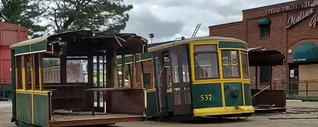 Trolley car removed from former Spaghetti Warehouse