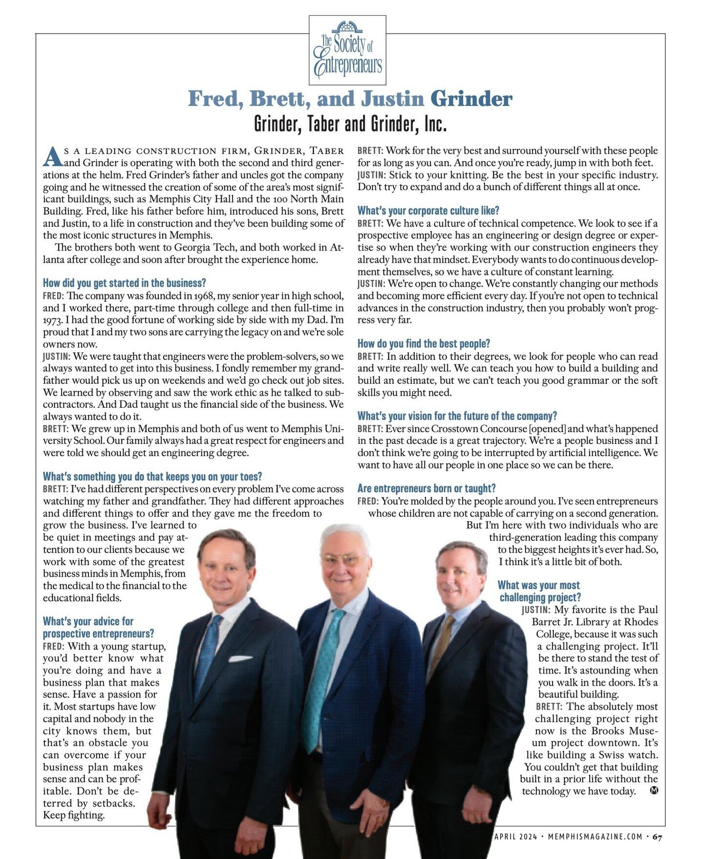 We are so pleased to share the Society of Entrepreneur profile of Grinder, Taber, &amp; Grinder and our leaders in the latest issue of Memphis Magazine! 

#GrinderTaber #BuildingMemphis #BuildingRelationships #construction #commercialcontractor #newc