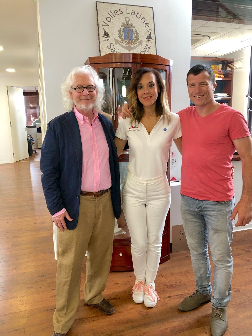 Peter Graham ROI, with Anne-Marie Dandin- Head of Communications at The Port of Saint Tropez and Sebastien Marquez, Sculptor (L-R)