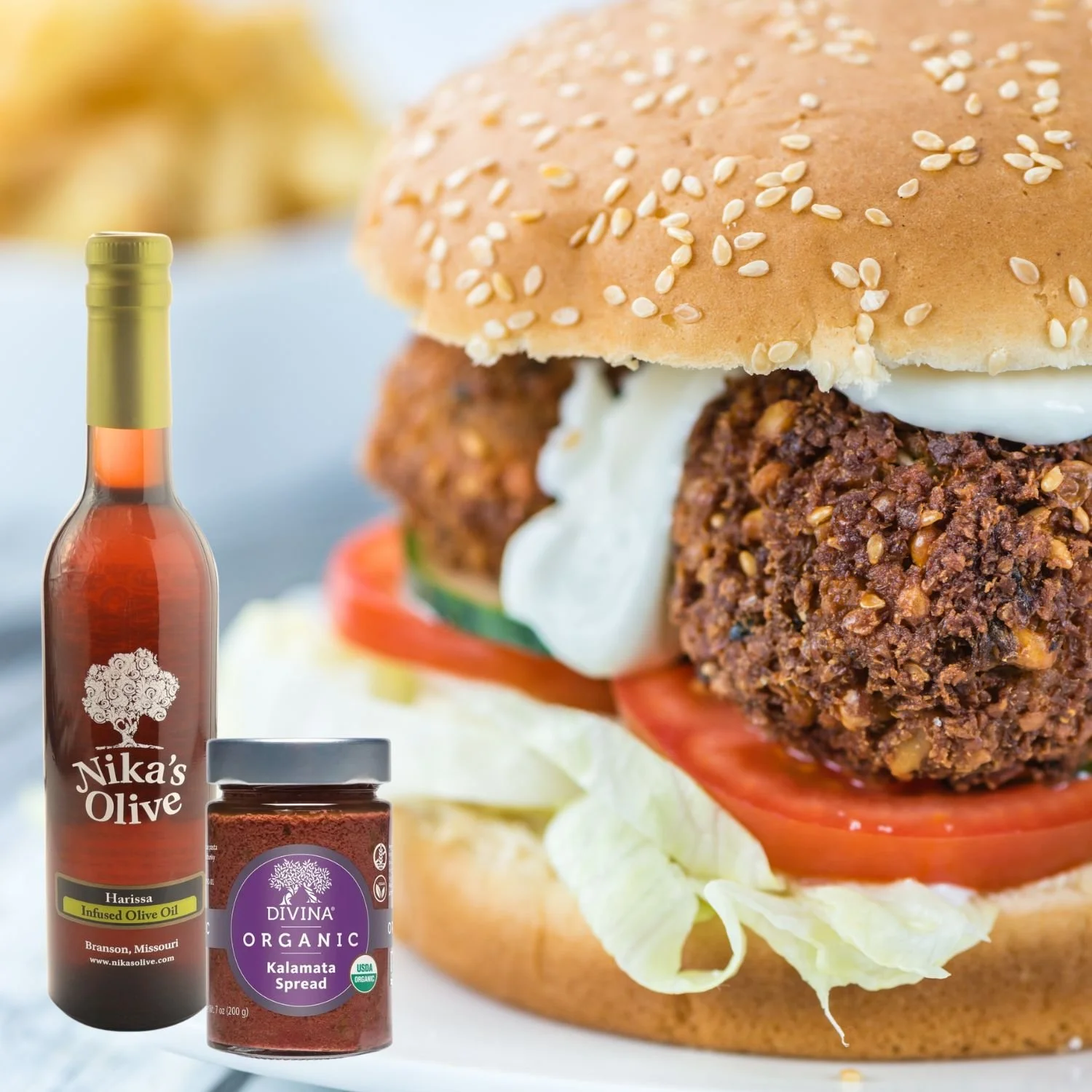 Crispy Falafel Burgers with Harissa Olive Oil