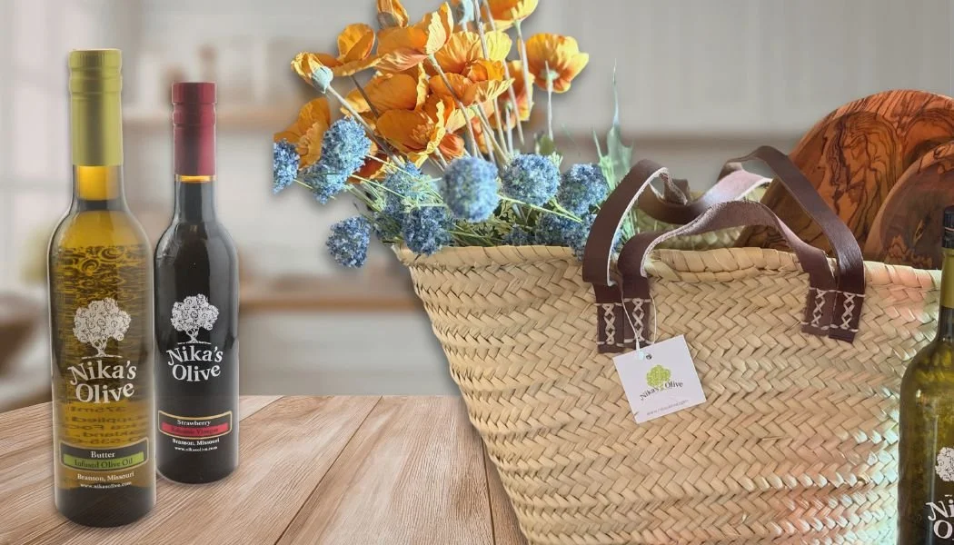 olive oil and balsamic bottles next to a French. market tote