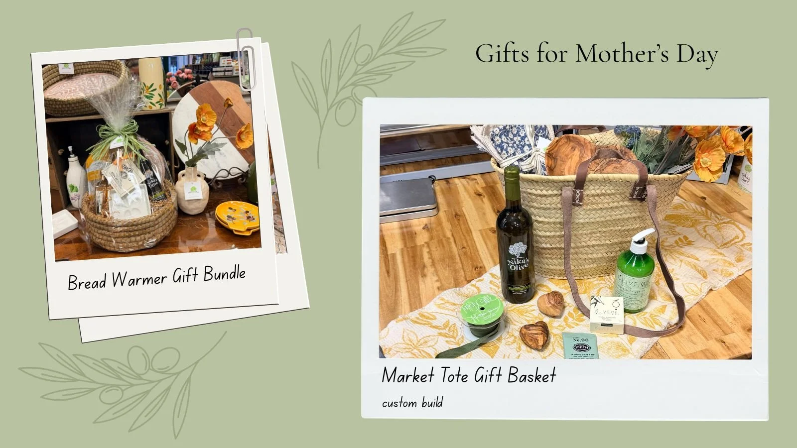photos of gift baskets being put together for Mother's Day