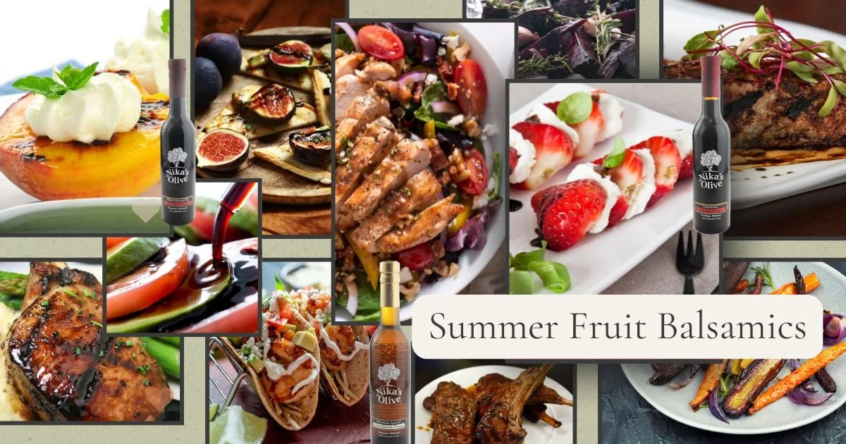 Summer fruit balsamic collage featuring grilled peaches, fig flatbread, strawberry caprese, shrimp tacos, glazed salmon, lamb chops, and roasted carrots — Nika's Olive Branson Missouri
