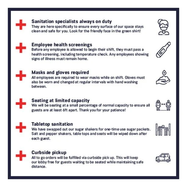 We are taking steps to protect our valuable guests from COVID-19 as we re-open for dine-in. If you have any questions about our policies, please don't hesitate to reach out!
