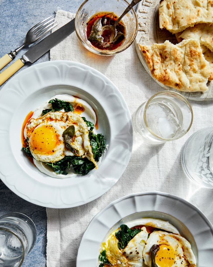 Crispy Fried Eggs with Yogurt, Greens, and Smoked Herb Butter