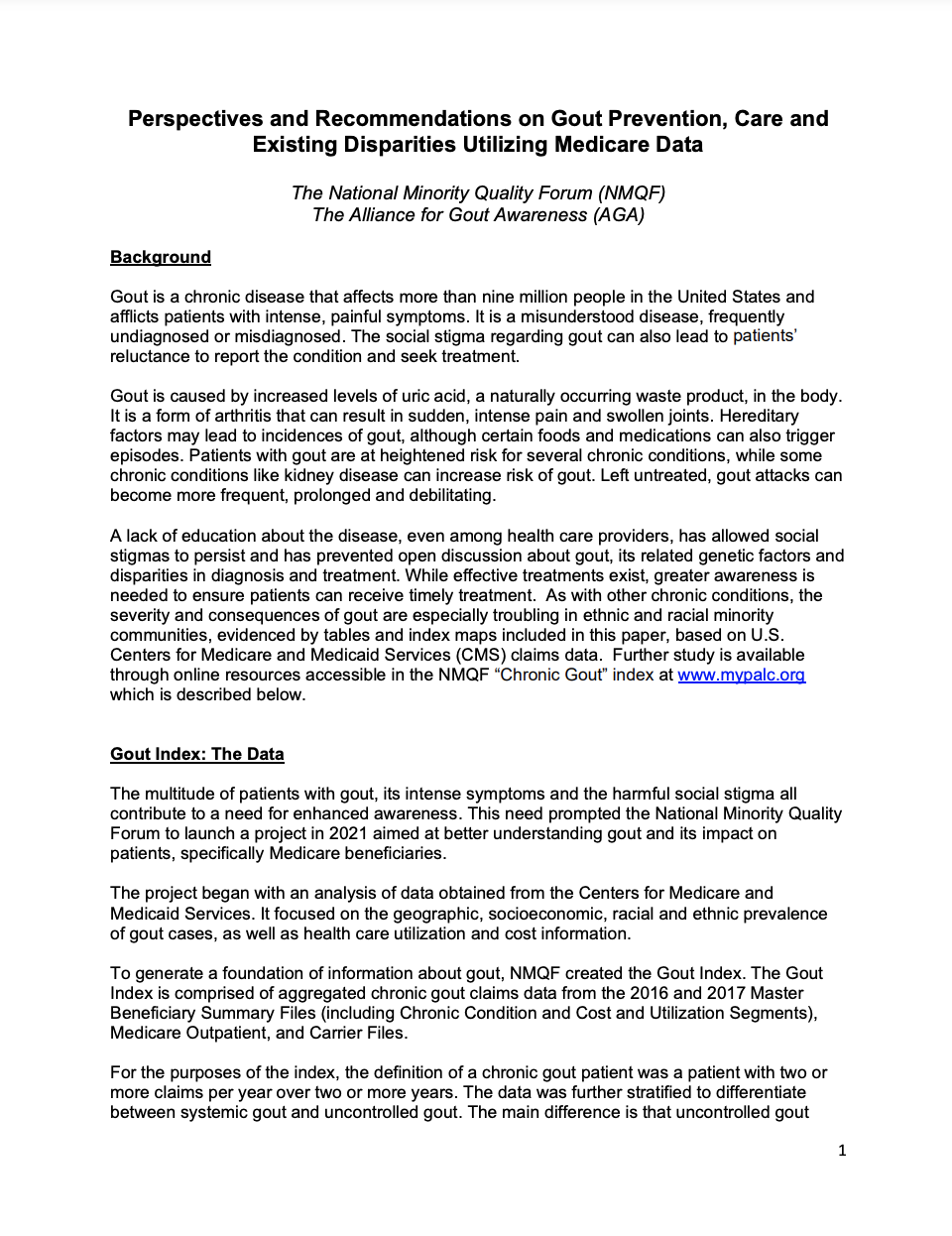 Perspectives and Recommendations on Gout Prevention, Care and Existing Disparities Utilizing Medicare Data