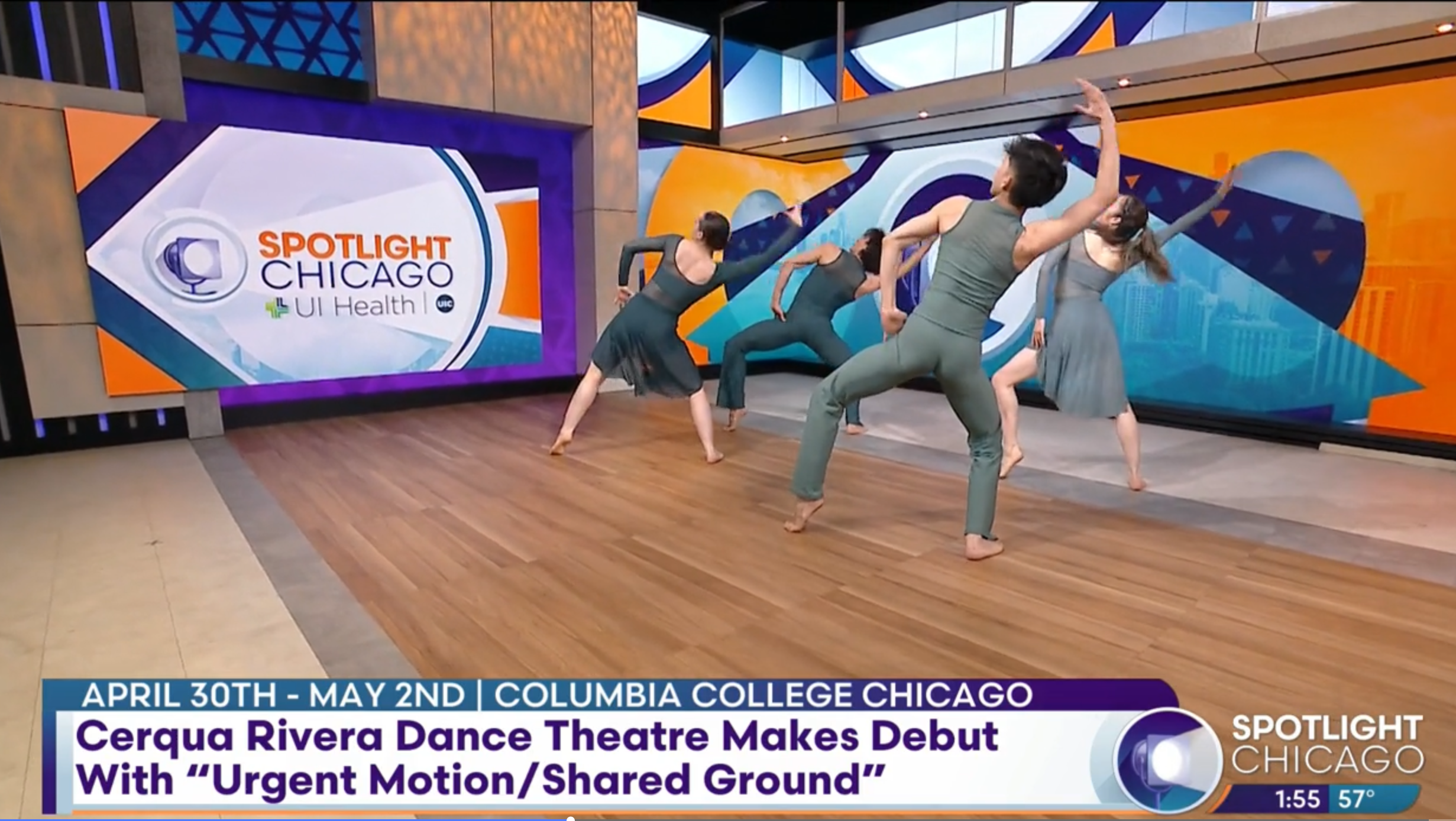 Four dancers in sage green costumes perform a part of Cerqua Rivera's dance in the WGN-TV studios.