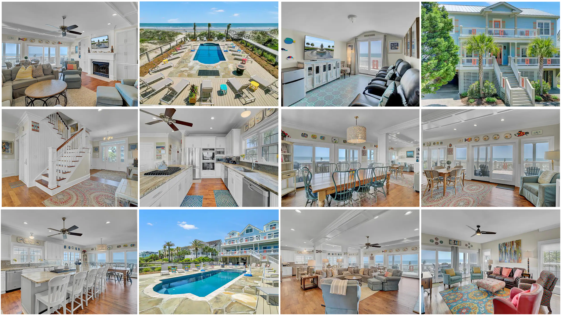 Collage of images showing interior and exterior scenes of a beach house, including a living room, pool, ocean view, household rooms, and front exterior.