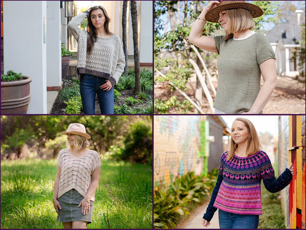 A collage of four women in casual outdoor settings. The first woman is wearing a gray sweater and jeans, standing near plants. The second woman is wearing a light green short-sleeved sweater and a wide-brimmed hat, standing outdoors with trees. The t