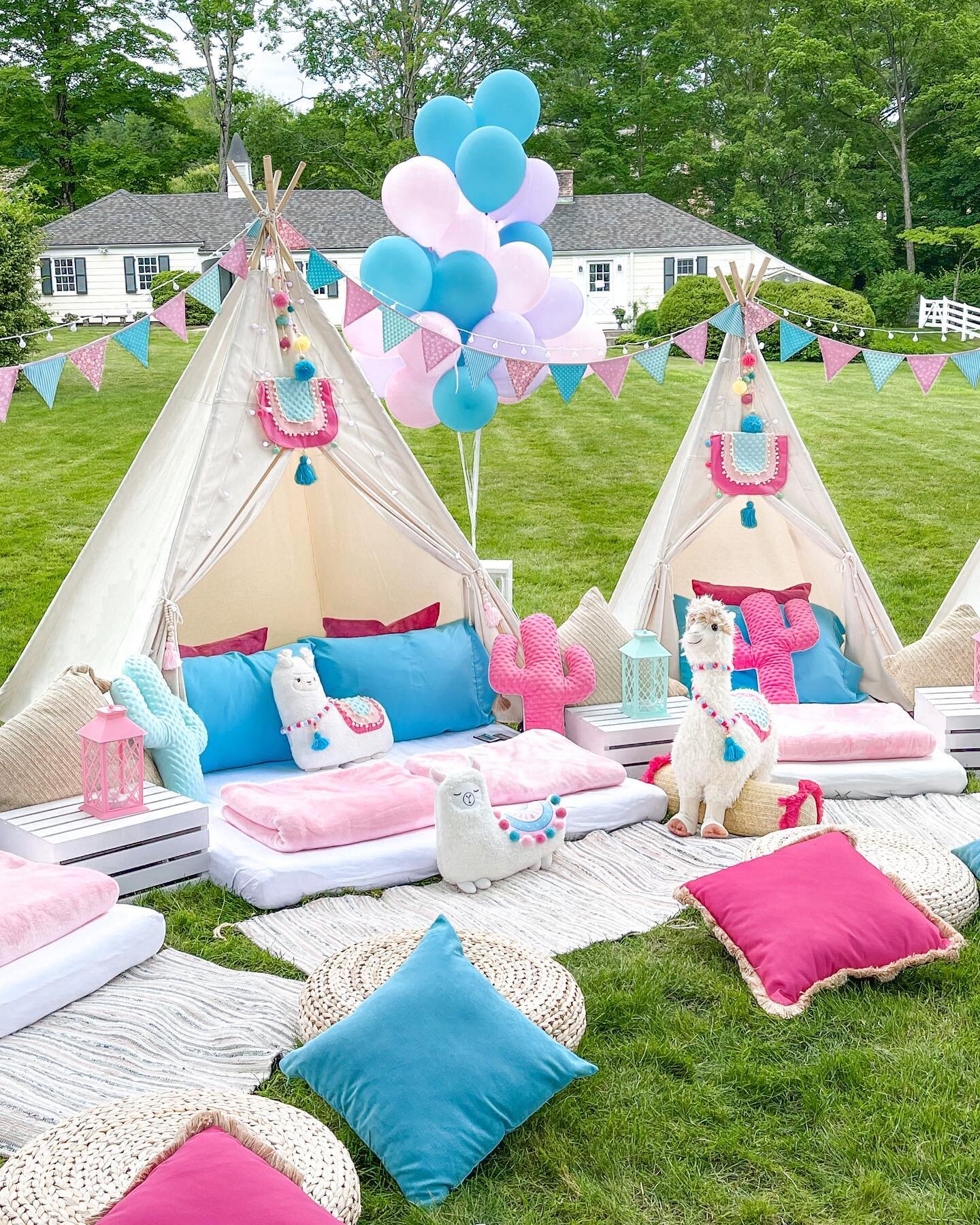 A fun llama-themed birthday party! 🦙 All the details of this cozy and comfy lounge area set up for an amazing movie night! 
Let the fun come to you! 
Event planning &amp; Party rentals 
We set up &amp; break down.