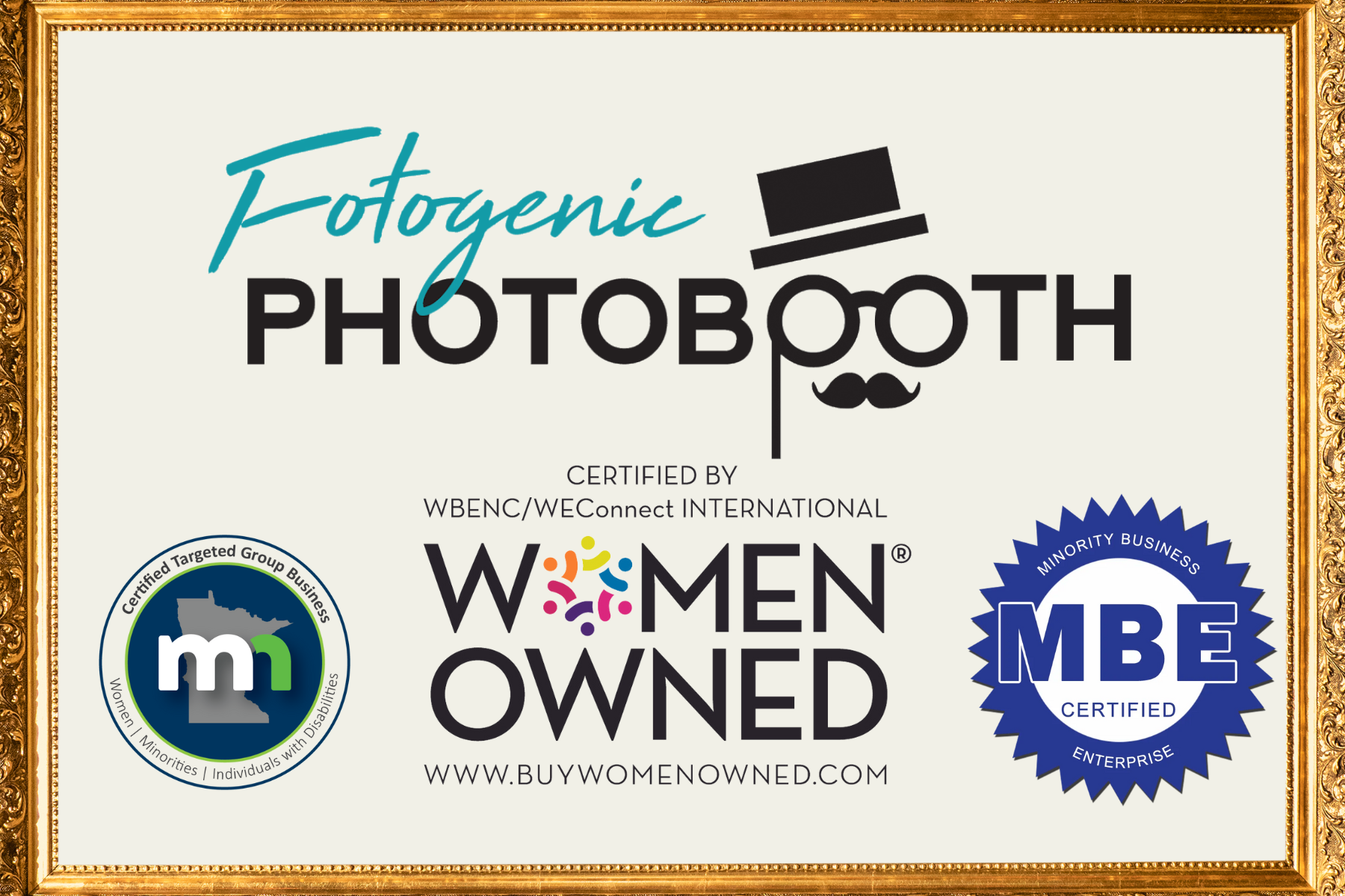 FotoGenic certified women-owned business certificate and logo